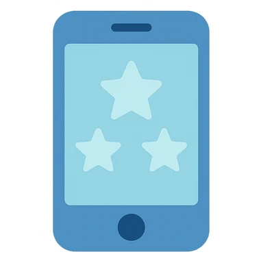 Smartphone icon with three stars inside the screen, flat emoji style, outline with blue and turquoise colors, white background sticker