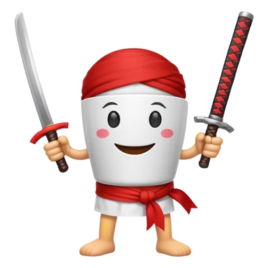 A coffee cup with arms and legs and a face that’s holding dual katanas with a bandana sticker