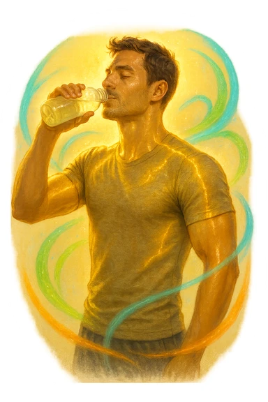 Uomo atletico sui 30 anni, al mattino presto, mentre beve una bevanda trasparente ricca di elettroliti da una borraccia. Il suo corpo è illuminato da una luce naturale dorata e mostra una leggera aura energetica attorno ai muscoli, simbolo di rigenerazione e recupero. Espressione rilassata e vitale, pelle idratata e luminosa. Intorno a lui flussi leggeri e colorati (blu, verde, arancio) rappresentano il bilanciamento degli elettroliti: sodio, potassio, magnesio. Ambiente naturale o cucina moderna minimalista. Atmosfera positiva, pulita e rinvigorente. sticker