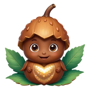 Cinematic tiny happy acorn, glossy brown, soft glowing highlights, tiny adorable face with big sparkly eyes, sitting on a pastel leaf, warm and cheerful. sticker