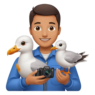 Minimalist emoji-style illustration of a smiling photographer holding a seagull in their hands. Simplified, clean lines, vibrant colors, small size, white background sticker