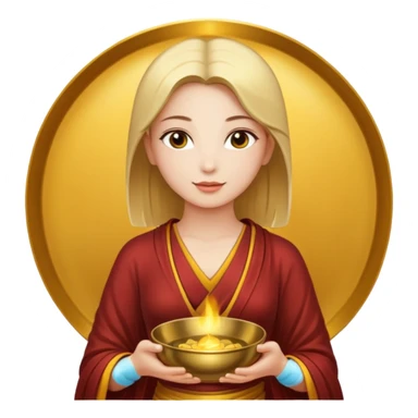 A woman holds a Buddhist bowl in her hands. There is a glow around the girl. sticker