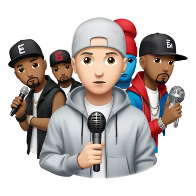Icon for Hip-Hop Music: Eminem with his signature microphone, surrounded by other hip-hop icons. The design should reflect the raw energy of the genre with urban elements, graffiti, and vibrant colors. Transparent background. sticker