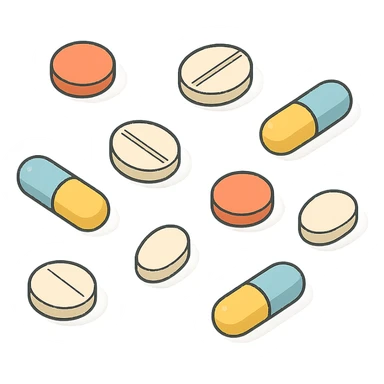 scattered handful of colorful tablets, 2D isometric style, minimalist background, detailed, soft shadows and highlights, transparent background sticker