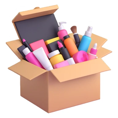 an opened box with assorted beauty items sticker