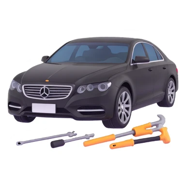 black luxury car with a clearly visible dent on the bodywork, specific PDR tools such as rods, levers, and small hammers positioned to show active repair, elegant and modern sticker