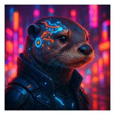 futuristic otter portrait, glowing neural implants, neon city lights, cyberpunk aesthetic sticker