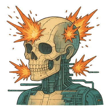 a skull exploding, anatomical diagram, front and back impact points, cyberpunk futuristic sticker