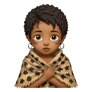ancient hairy black baby tatooed girl, tattered animal skin shawl sticker