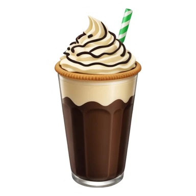 Vaso de vidrio con Frappé color café, crema en la parte superior con popote verde insertado en la crema, agregar encima de la crema chispas de chocolate y una galleta redonda color café oscuro tipo Oreo. sticker