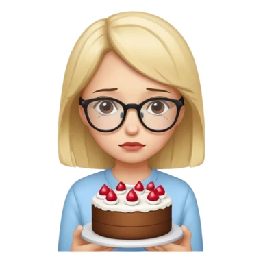 Sad girl with glasses holding a cake sticker