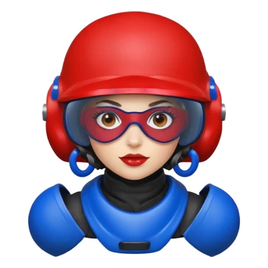 blue curly girl with huge earrings playing paintball with red paintball helmet with eye protection, only face  sticker