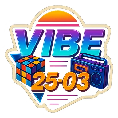 Add a Rubik's cube and a cassette player to this 80's retro VIBE25-03 logo, keeping the neon synthwave style and vibrant colors, with no background. Maintain the vibrant neon synthwave aesthetic and retro vibe. sticker