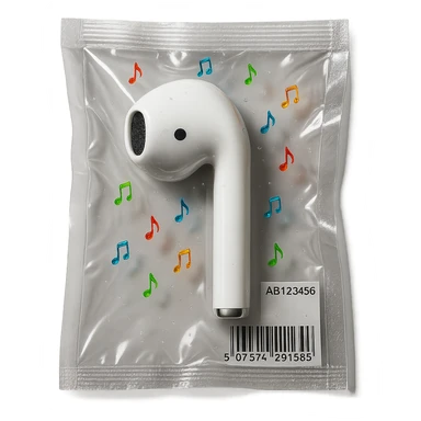 single white EarPod with scattered tiny rainbow glass music notes, glossy sticker