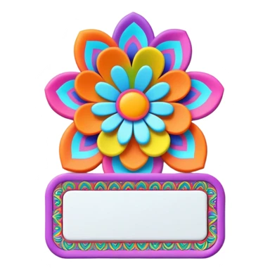 3D, psychedelic colored name tag with hippie style flower border sticker