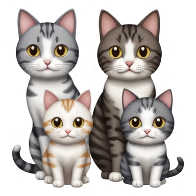 3 different coloured short haired cats including; a dark brown tabby and white cat, and a dark grey and white  sticker