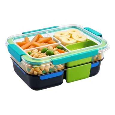 Small plastic meal prep container with food in it with clear lid, black bottom with bright green and blue label sticker