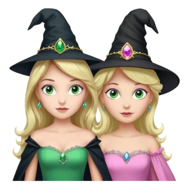 elfiba and glenda from wicked, elfiba in a green dress and green eys and a black witch hat, and glenda in a pink puffy dress blue eyes and a tiara and blond hair sticker