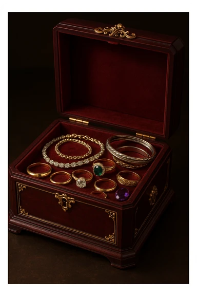 a dark red jewelry box filled with assorted jewelry, elegant and detailed sticker