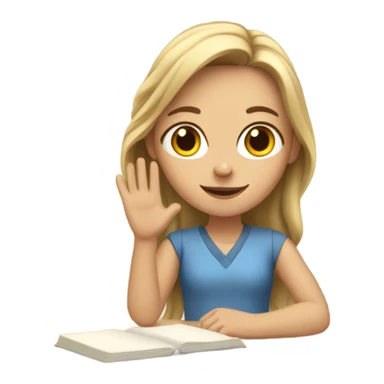 A white girl with a raised hand at a desk at school  sticker