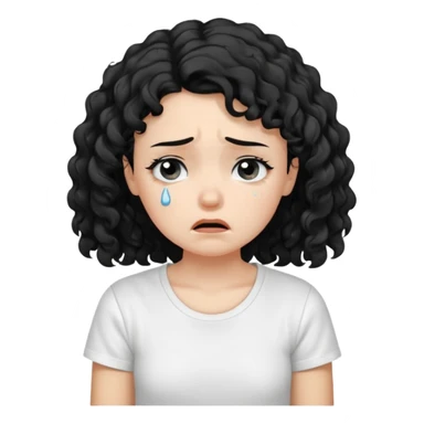 a pretty fair bratz girl with black curly hair, crying, wearing a white tshirt sticker