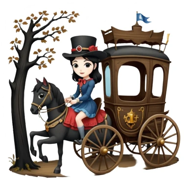  Rustic all black antique wood  1854 pretty dark-haired Catgirl driving a huge horse-drawn fancy French stagecoach Caravan on a bumpy scary ghost trail in the woods  sticker