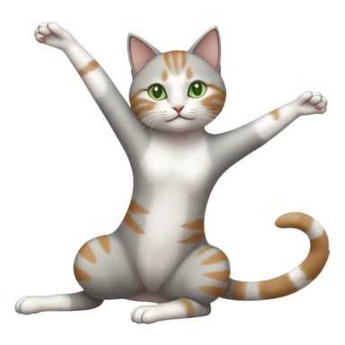 grey and white cat with green eyes doing a big extremely long stretch reaching up into the air with arms and legs side by side together straight and overextended sticker