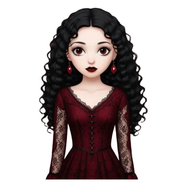 A girl with a dark red goth vampire look in a goth lace dress with long sleeves longer black curly hair sticker