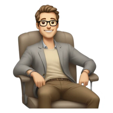 Joyful thrumbs up Pale skinned Fit Man With dark brown hair in gray jacket, beige office shirt, Brown pants and vintage glasses sitting In a soft chair sticker