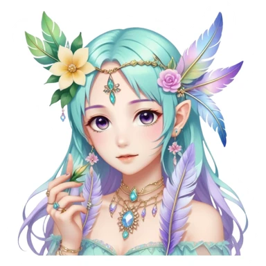 Beautiful gorgeous anime lady with beautiful iridescent-special-hair, fashion aesthetic, ethereal, fairycore, pastelcore, feather-ear-cuffs, flower, crystals, accessories, jewelries, gold, colorful sticker