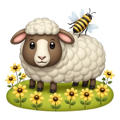 sleepy sheep in the field and a bee sticker