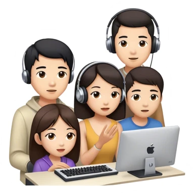 asian people in a music studio. one is looking at the computer and two more watching sticker