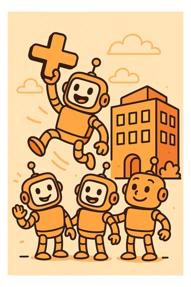 playful flat icon with a group of cheerful robots, one jumping and holding a large orange plus sign, in front of a whimsical orange office building, orange-themed, fun, for a new customer organization created Slack webhook bot for a B2B SaaS LLM evaluation company sticker