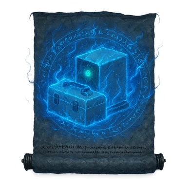 Place the Device Manager symbol on a glintstone sorcery scroll inspired by Elden Ring glintstone sorcery icons. Integrate the device and toolbox onto the scroll with mystical blue magical energy, arcane runes, and ethereal effects, as if it were a spell illustration. Maintain a transparent background, 1080 x 1080 resolution. sticker
