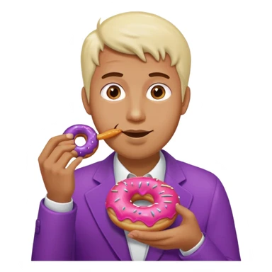 A man eating a pink donut and an eggplant covered in white sauce sticker