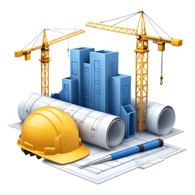 An icon featuring a blueprint, a hard hat, and a measuring tape, symbolizing architecture and construction. The design includes a building silhouette, cranes, and construction tools, representing the planning, design, and building processes. Transparent background. sticker