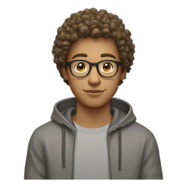 Young guy with curly hair on top a short hair on the side light brown hair and rounded glasses with a grey hoodie on sticker