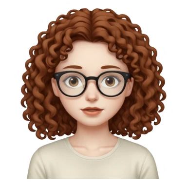 aesthetic white girl with COOL coloured brown, very long curly hair, she wears an offwhite top and her eyes are black , and wears thin small glasses sticker