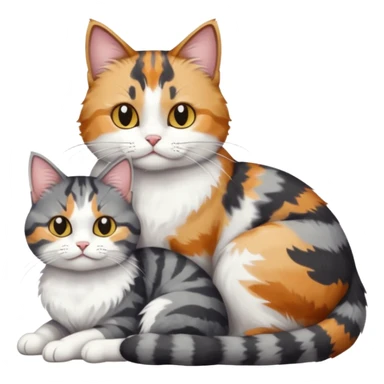 full body colourful light patched calico + white tabby cat cuddling a bigger cat that is dark grey and white tabby cat  sticker
