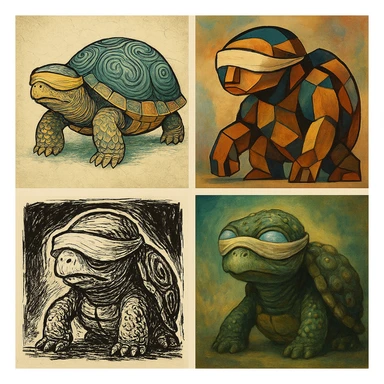 blind turtle, various artistic styles, creative and unique visual interpretations sticker