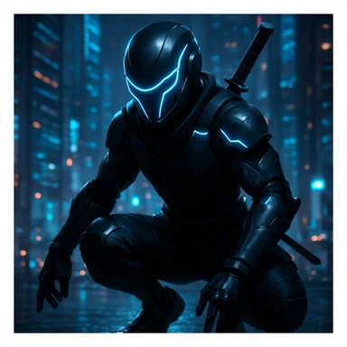 cyber ninja, sleek helmet, neon blue highlights, crouched stance, cityscape background sticker