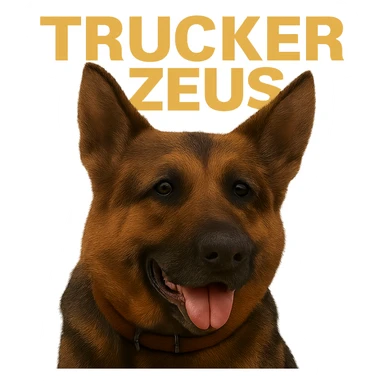 Convert the image to JPEG format with a white background if transparency is not supported. Keep the realistic German Shepherd and yellow 'Trucker Zeus' text. Maximize compression for smallest file size. sticker