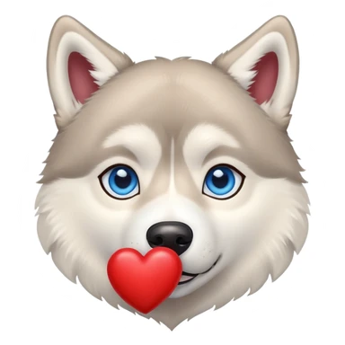 Beige husky with blue eyes holding a big heart sticker
