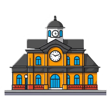train station building with platforms and clock sticker