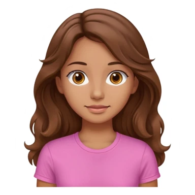 A pretty girl with tan skin and long wavy hair, wearing a pink basic shirt with brown eyes sticker