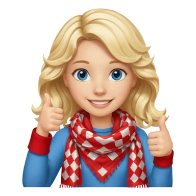Blonde Girl, Blue Eyes, wavy hair, smiling, thumbs up, wearing red Checkered Triangle scarf sticker