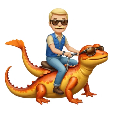 Mustachioed man with sunglasses riding a salamander on a river sticker