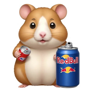 Funny cartoon-style fat hamster wide eyed with a can of redbull sticker