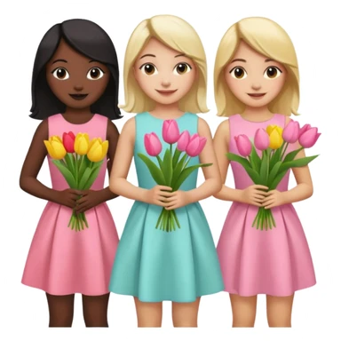 5 girls at a garden party wearing pastel dresses and holding tulips, one is black one is blond, one is asian, one is latina sticker