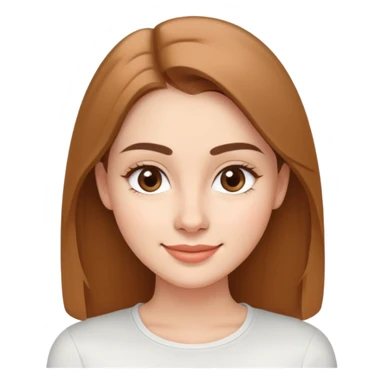 Young woman in her 20s with oval face, soft features, friendly bright smile, large light brown eyes, defined eyebrows, straight nose, medium lips, long straight light brown hair, wearing a white top sticker